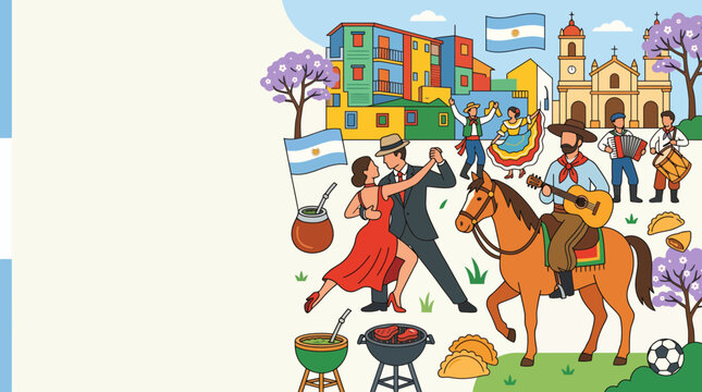 Vibrant illustration of Argentine culture with tango dancers and gaucho.