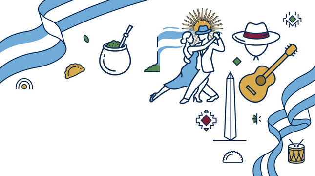 Set of Argentine culture icons with flag ribbons.