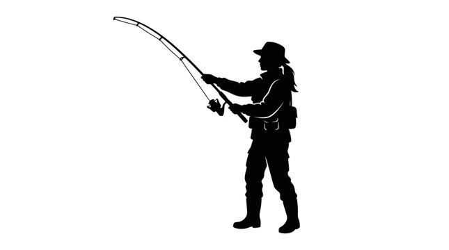 Fisherman silhouette with fishing rod against a white background