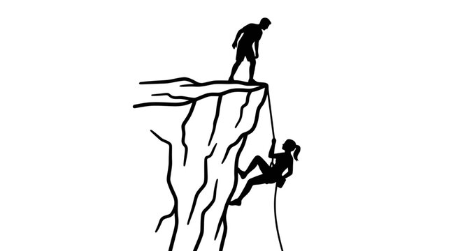 rock climbing silhouette with rescuer assisting climber on cliff face
