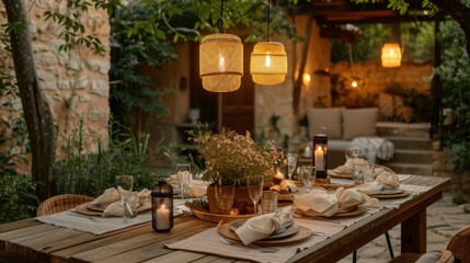 Fototapeta premium Cozy Outdoor Wooden Dining Space with Warm Lantern Lights for Evening Dinner.