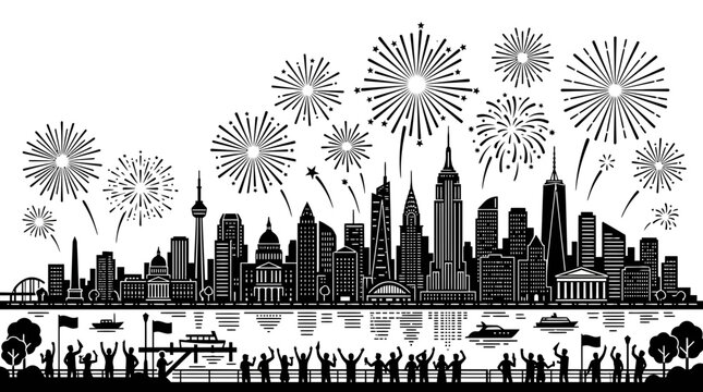 Silhouette of a cityscape skyline with fireworks and a cheering crowd.