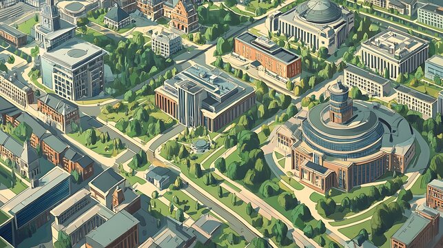 Aerial view of modern university campus with red brick buildings and green spaces