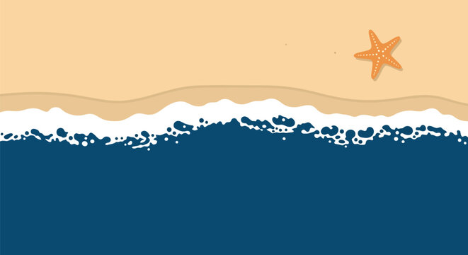 Beach wave background vector illustration with sandy shore, starfish and blue sea border