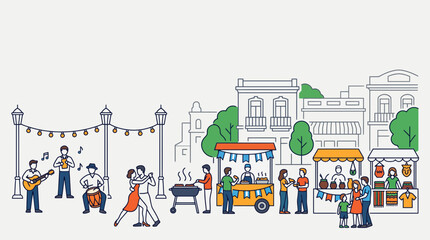 Vibrant city street festival illustration with music dance and food stalls. © Ubaidullah_Sufyan