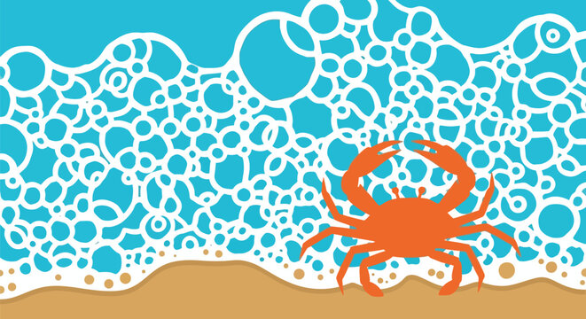 Summer beach background vector illustration with orange crab, blue waves and sand border