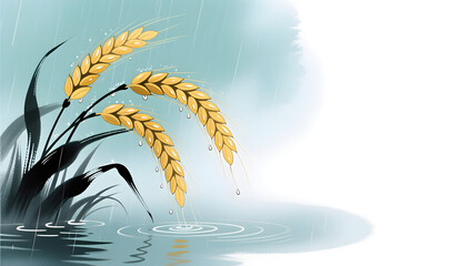 Fototapeta premium Xiaoman solar term wheat field ink painting illustration