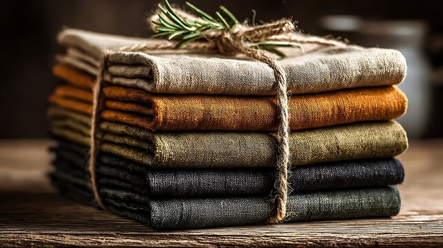 Stack of folded earth-toned linen napkins tied with rustic jute twine and a fresh rosemary sprig resting on a weathered wooden table in a moody dining setting