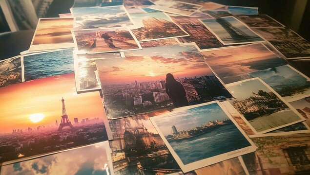 Warm Toned Scattered Travel Photos and Polaroids Featuring Iconic Global Destinations