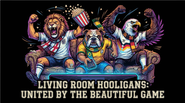 Funny Animal Hooligans Watching Soccer Illustration - Living Room Hooligans United By The Beautiful Game Football Meme
