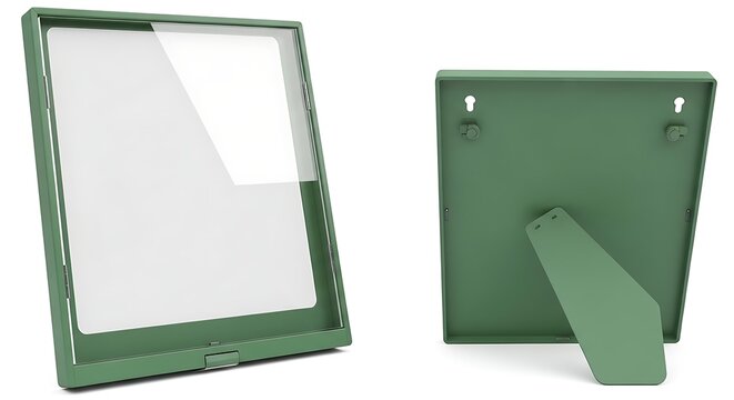 Green shadow box frame, front and back views, white background