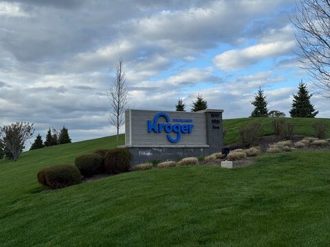 Pleasant Prairie, Wisconsin, USA - May 6, 2026: Kroger Fulfillment facility sign outside distribution and grocery delivery operations center under cloudy skies.