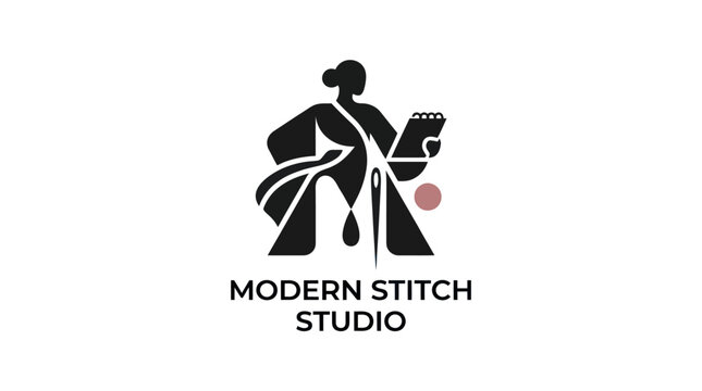 Modern Stitch Studio Logo: Silhouette of Woman Sewing with Needle and Book