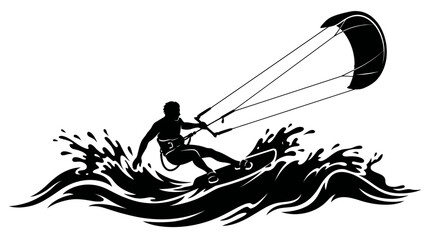 Kitesurfer Silhouette Riding Wave, Dynamic Water Splash, Extreme Sport © Marakawulo