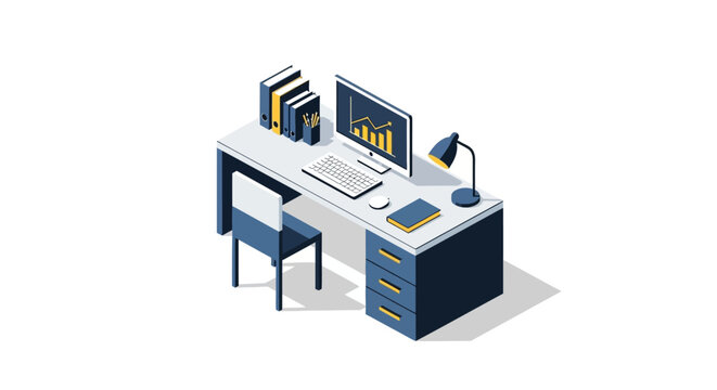 Isometric illustration of a modern office desk setup with a computer and office supplies