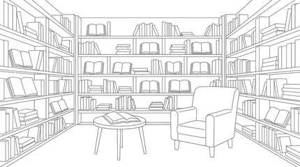 Cozy Reading Nook: Bookshelves, Armchair, and Coffee Table - Line Art Illustration © Klosowulu