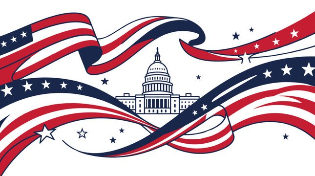 US Capitol building with waving American flag ribbons.