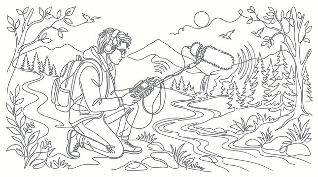 Sound recordist in nature, capturing outdoor audio with equipment, landscape illustration