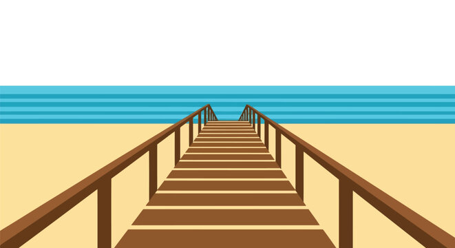 Wooden Pier Leading to Tropical Beach Horizon Background Vector Illustration