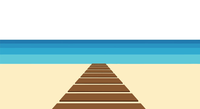 Summer beach boardwalk background vector illustration with blue sea, horizon and sandy shore