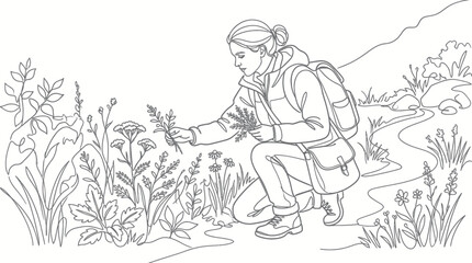 Obraz premium Woman collecting herbs in nature, botanical illustration style