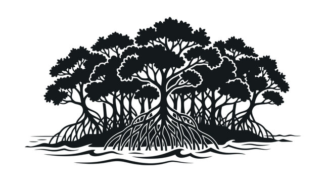 Mangrove forest silhouette, intricate roots emerging from water, lush canopy, coastal ecosystem.