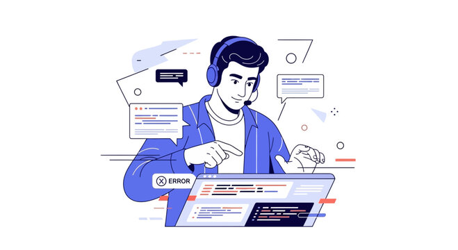 Customer Support Specialist with Headset and Computer Screen