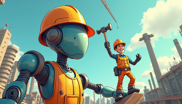Robot builder lifts a heavy beam along with an oh laughing human builder. Humorous cartoon illustration on the topic AI is changing jobs