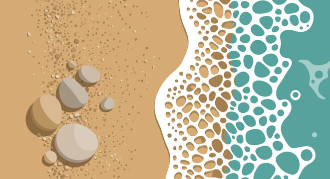 Beach sand and turquoise sea background vector illustration with pebbles and foam