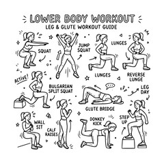Hand drawn lower body workout guide featuring squat, lunges, glute bridge, donkey kick, calf raises and step up exercises. Fitness doodle vector perfect for posters, planners and gym content. © artofangga