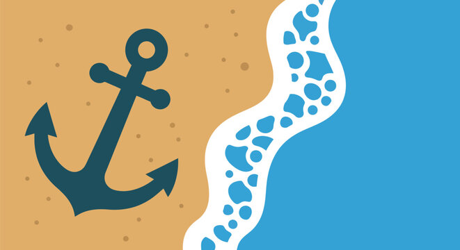 Nautical Anchor on Beach with Blue Wave Border, Summer Background Vector Illustration