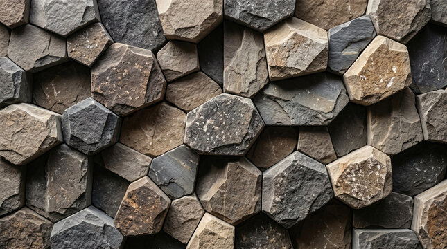 Hexagonal stone wall texture, 3D geometric rock cladding, natural grey and brown basalt stone tiles for architectural interior design