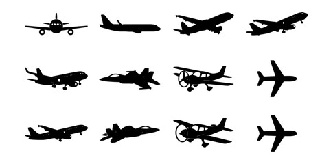 Diverse Aircraft Silhouettes: Jets, Propellers, and Commercial Planes Collection © Nabila