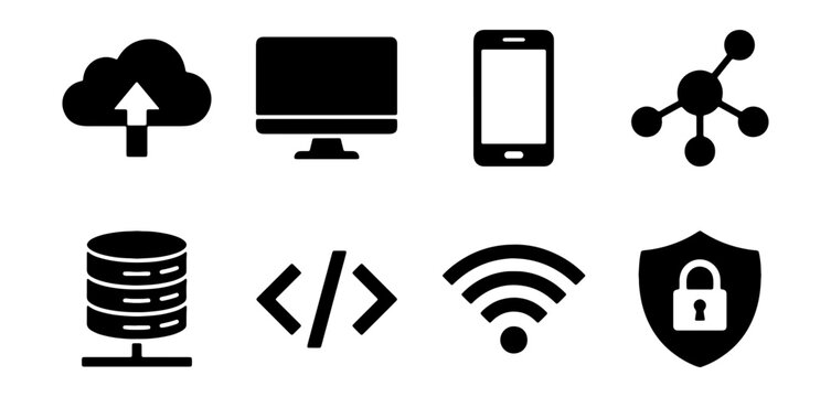 Technology Icons Set: Cloud Upload, Computer, Smartphone, Network, Database, Code, Wifi, Security