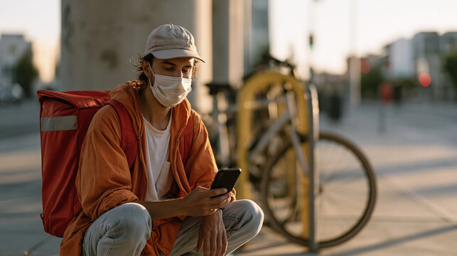 Gig economy delivery worker crouched beside a bicycle locking station reviewing a rejected surge payment notification, depicting algorithmic income control, platform labor exploitation, on-demand wo