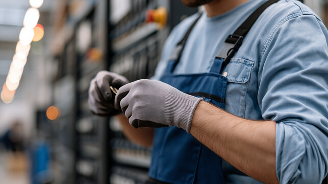 Gloved technician in a factory processing facility carefully dismantling an outdated server rack, illustrating e-waste management, industrial recycling, technology disposal industry, circular econom