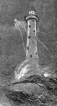 Eddystone Lighthouse in a storm with crashing waves and lightning, vintage engraving, old vintage illustration, 1898.