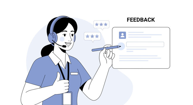 Customer service agent giving feedback and thumbs up with rating stars