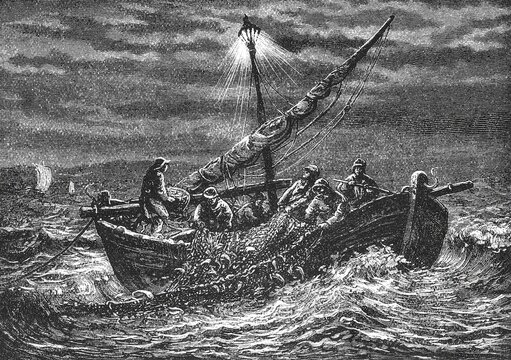 Herring fishing boat in rough North Sea, lantern glow against dramatic night sky, old vintage illustration, 1898.