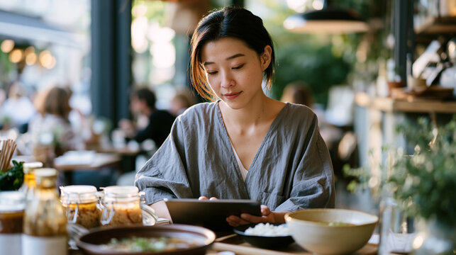 Crowded urban wellness cafe at midday where a solo female professional sits surrounded by kombucha bottles and miso soup studying fermented fointake guides on a tablet, ambient noise and natural lig