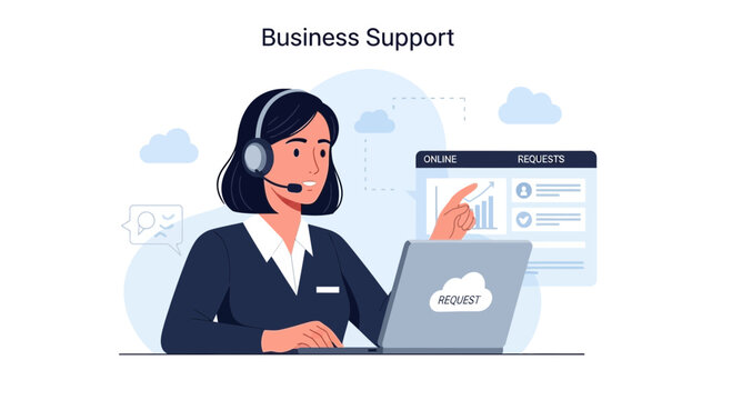 Customer service agent with headset and laptop helping with business.