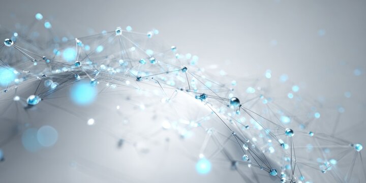 Abstract network of interconnected spheres with blurred bokeh effect on a light background