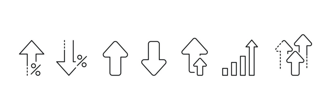 Financial Growth and Market Trend Line Icons Set. Percent Increase, Decrease, and Bar Chart Thin Outline Symbols