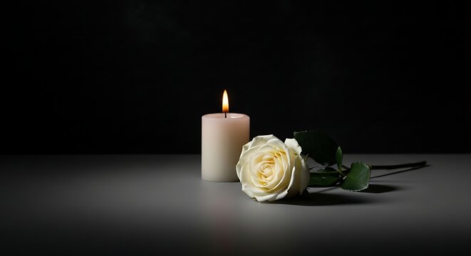 White rose and lit candle on a dark background, symbolizing mourning and remembrance