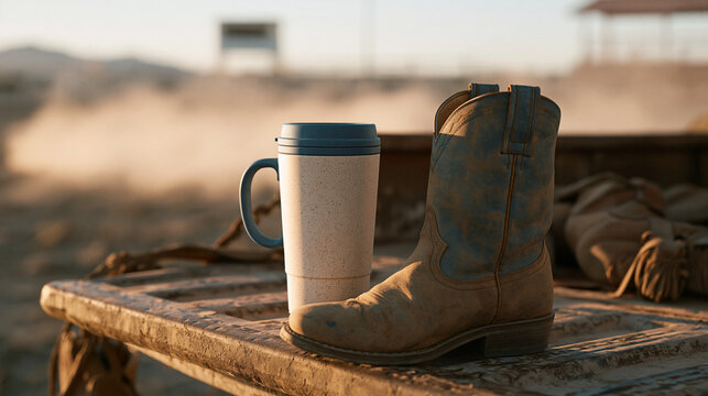 Ceramic travel mug coffee cup branding mockup sitting on tailgate of dusty flatbed truck at rural Independence Day rodeo, cowboy boots dangling nearby, arena dust cloud rising, announcer booth visib