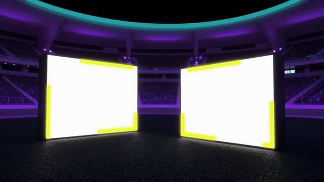 Futuristic virtual studio with blank white screens, modern neon purple arena background, digital broadcast stage for news or sports presentations