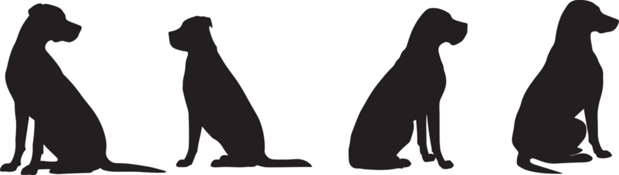 Four black dog silhouettes sitting in different poses