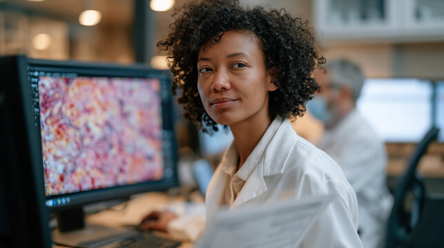 Biomedical data labeler annotates histopathology slide regions on a calibrated medical display inside a hospital informatics room, cross-referencing oncologist-supplied boundary criteria on a printe