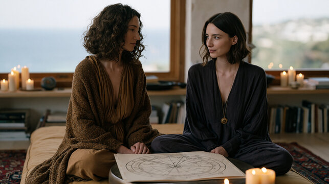 Astrologer and client sit knee to knee in a modest home consultation room, a hand-drawn natal chart spread across a low table between them, candles and reference books arranged on nearby shelves as 