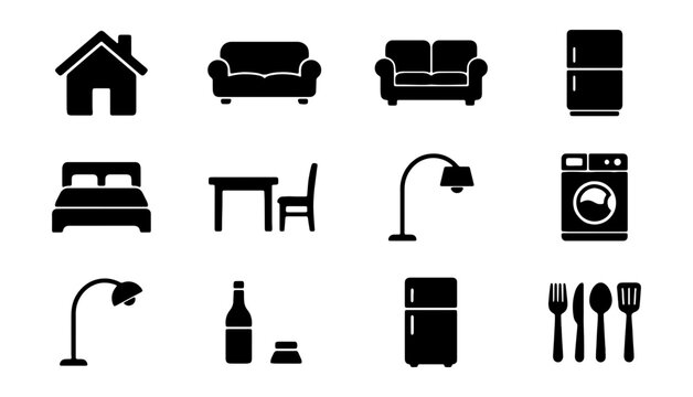 Home Furniture and Appliance Icons Set, Vector Graphics for Interior Design and Household Needs